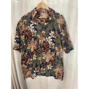 Hilo Hattie Hawaiian Shirt Men's XL Floral Aloha Tiki‎ Brown, Blue, Green Cotton